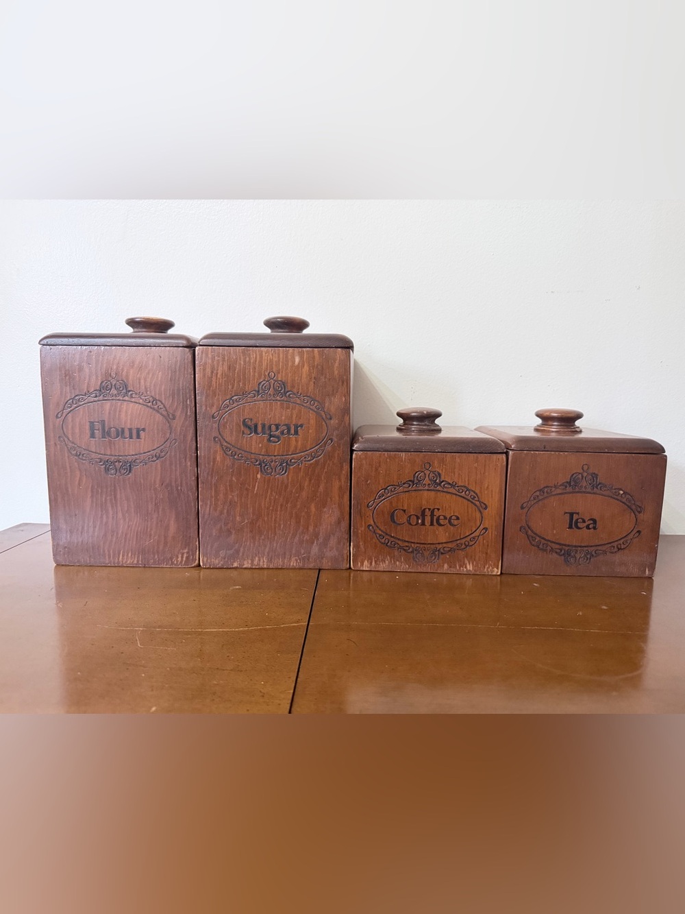 Vintage Wooden Primitive Canister Set Flour Sugar Tea Coffee Mcm Cottage Grandma